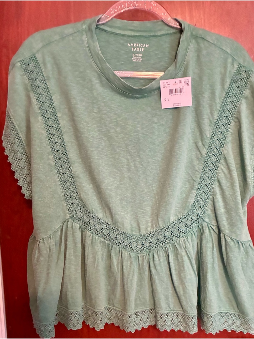 American Eagle Outfitters Sage Green Crochet-Trim Peplum Tunic
